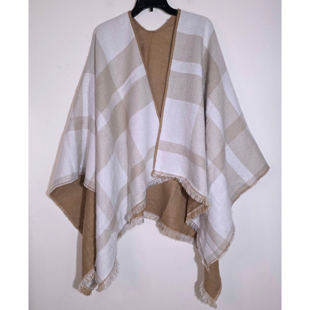 Banana Republic Reversible Plaid Poncho One Size Brown White - Picture 3 of 7